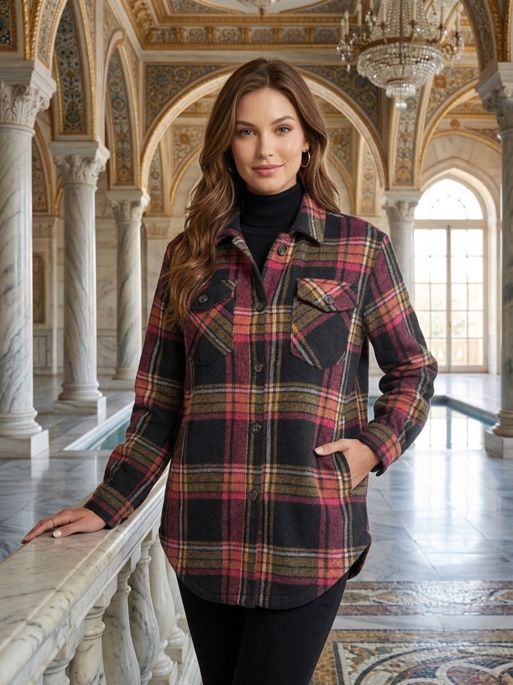 Buffalo David Bitton Black and Pink Plaid Utility Shacket